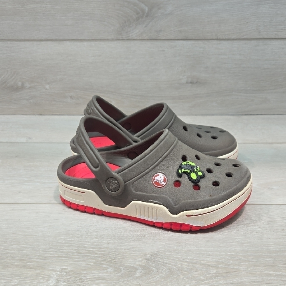 Crocs Kids Gray& Red Clogs Mule Shoes Sz J2